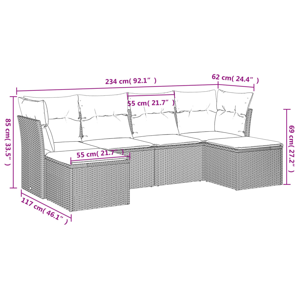 6-dijelni set vrtnih sofa od poliratana s jastucima sivi