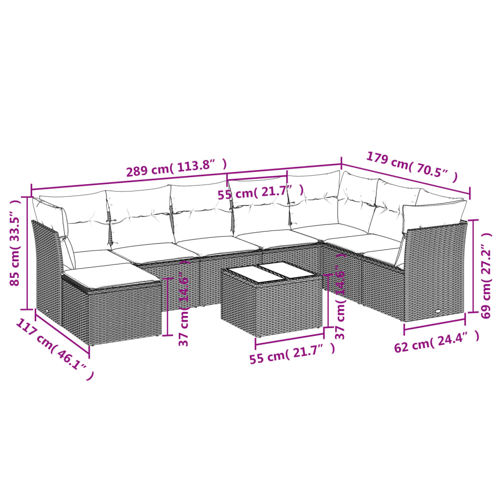 9-dijelni set vrtnih sofa s jastucima crni od poliratana