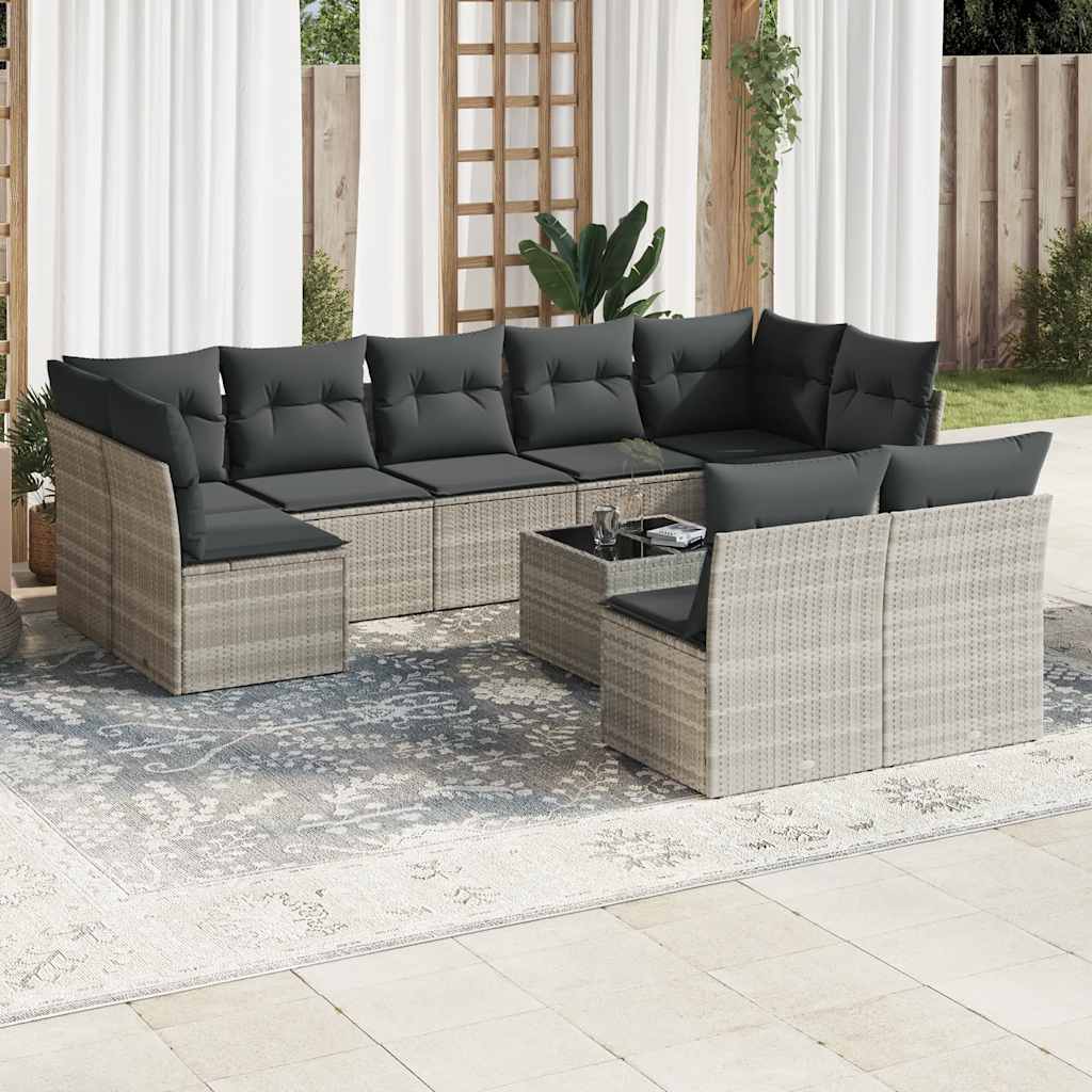 10-dijelni set vrtnih sofa poliratan s jastucima svijetlosivi