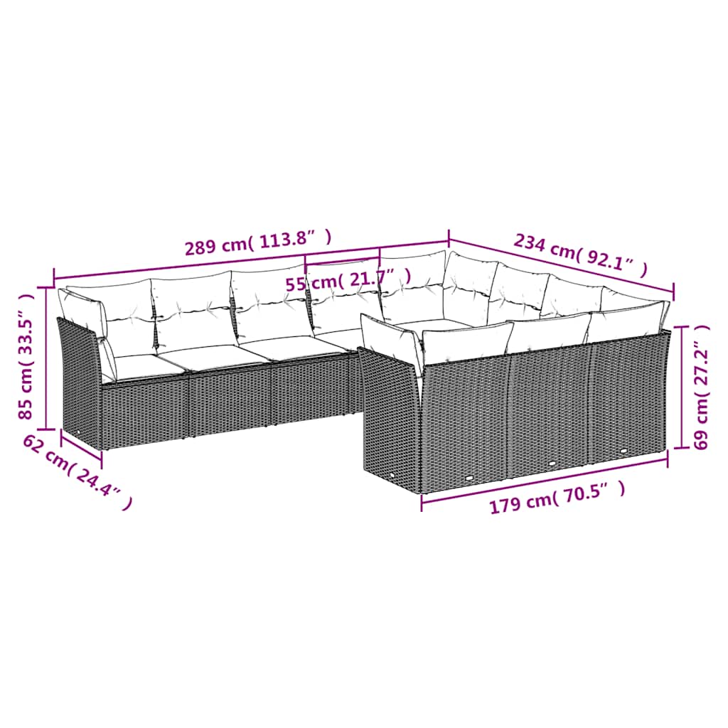 10-dijelni set vrtnih sofa s jastucima crni od poliratana