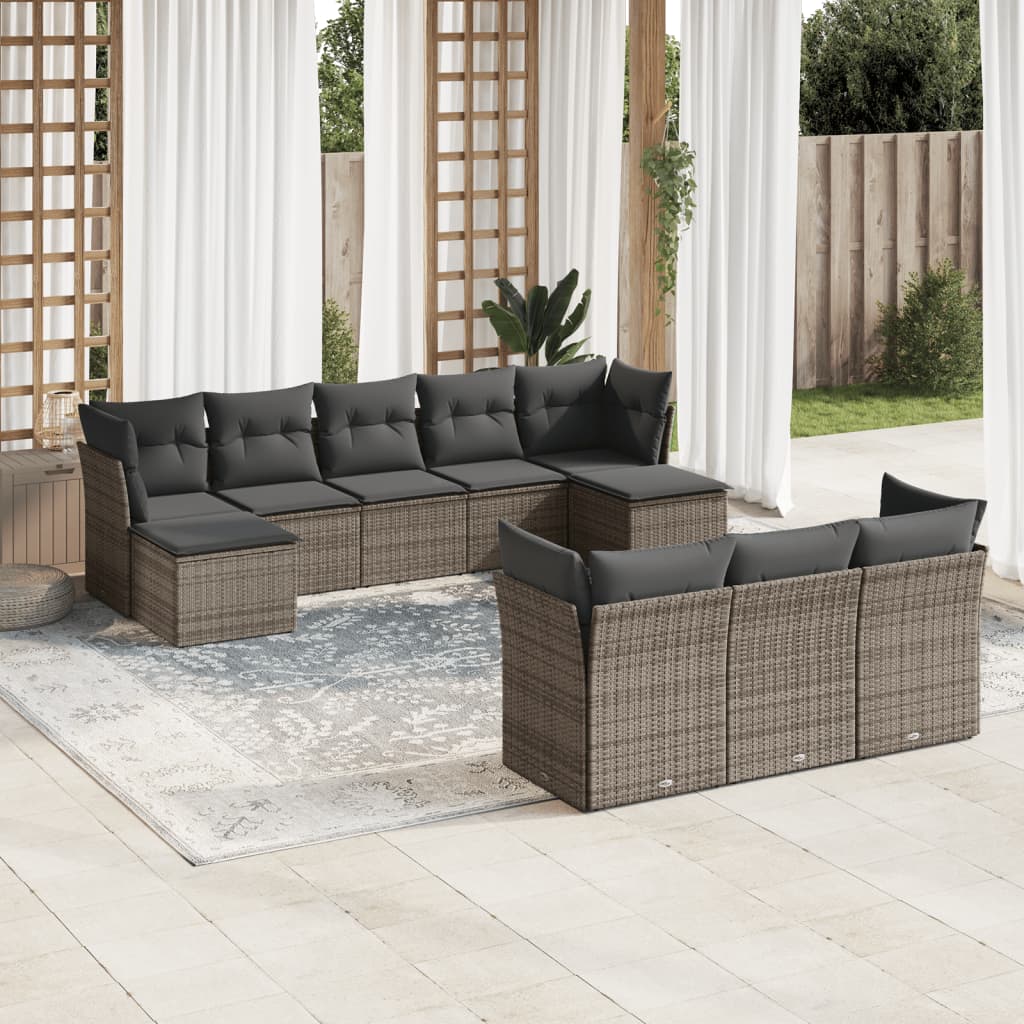 10-dijelni set vrtnih sofa od poliratana s jastucima sivi