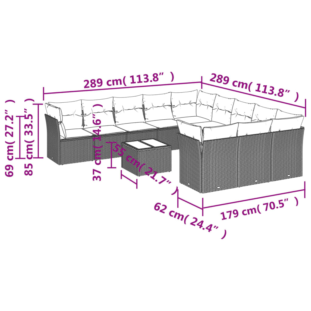 12-dijelni set vrtnih sofa od poliratana s jastucima sivi