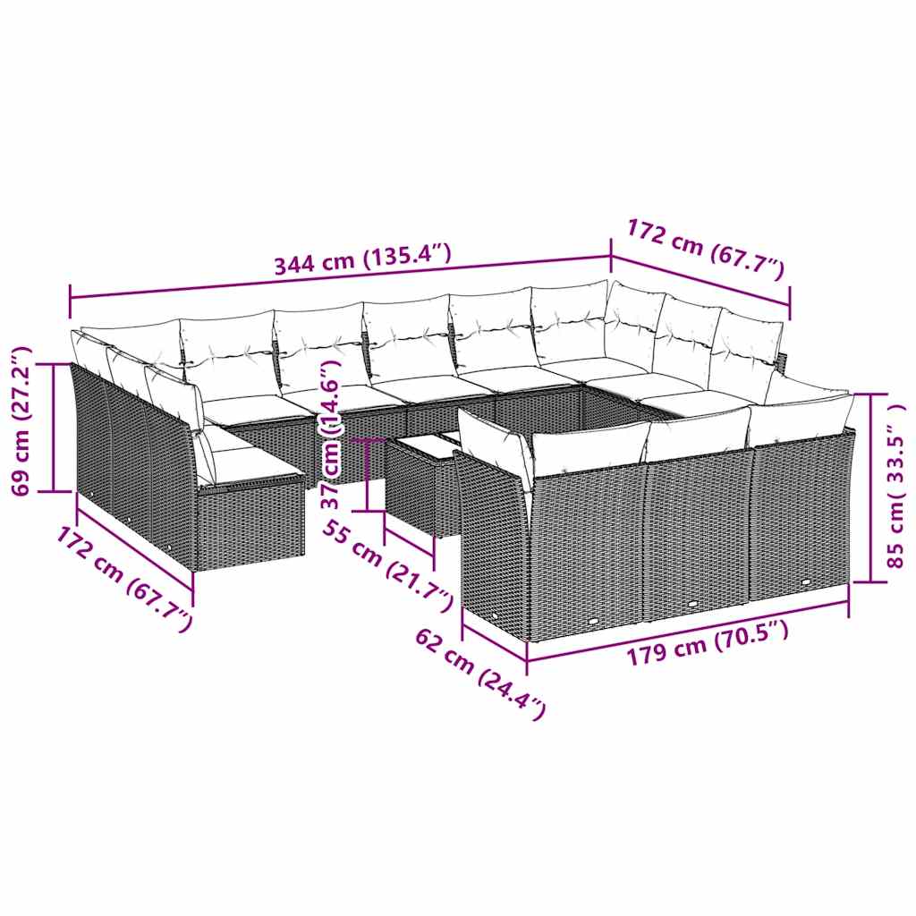 14-dijelni set vrtnih sofa s jastucima poliratan crni