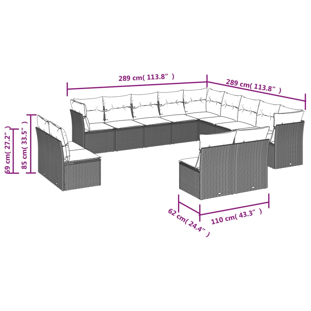13-dijelni set vrtnih sofa s jastucima smeđi od poliratana