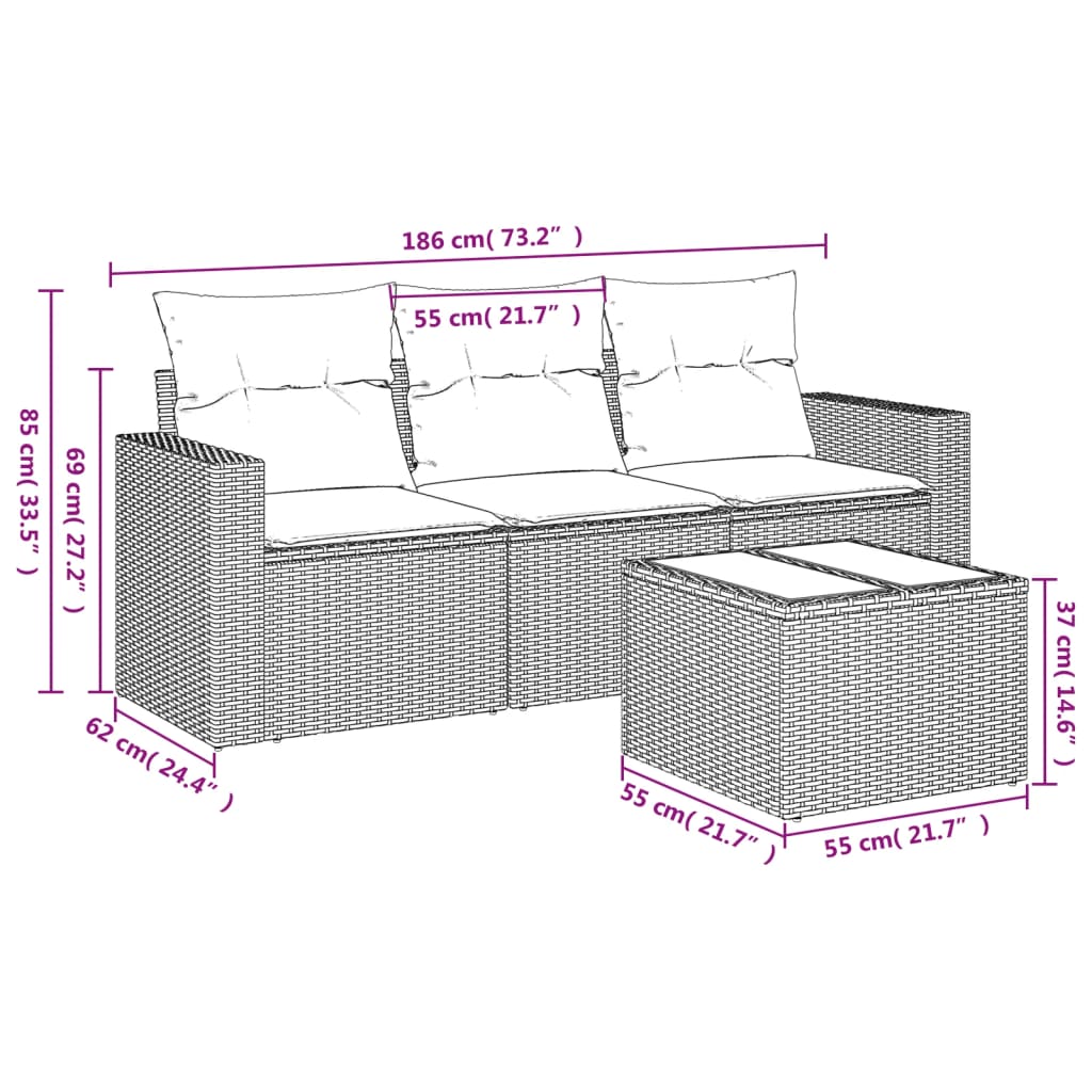 4-dijelni set vrtnih sofa od poliratana s jastucima sivi