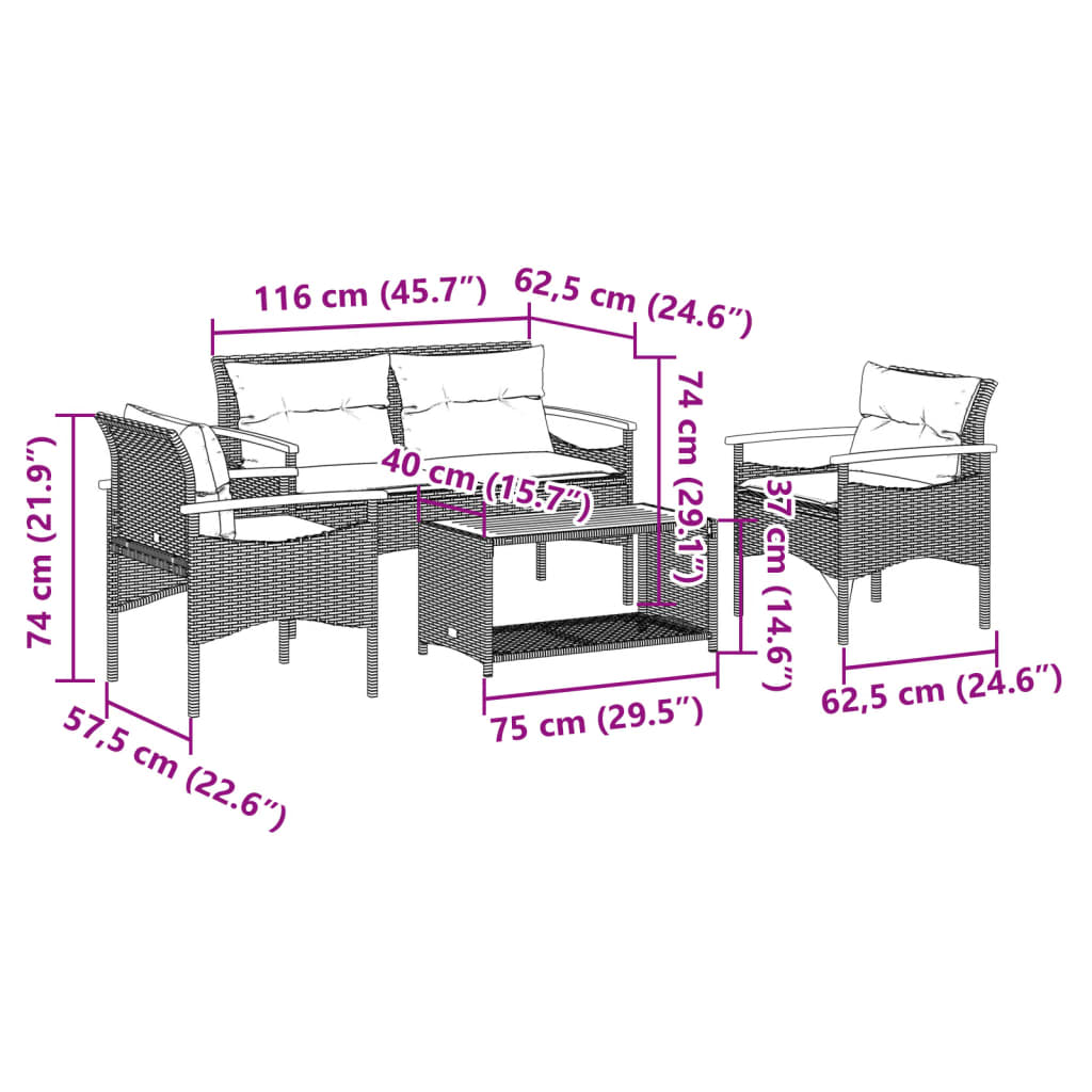 4-dijelni set vrtnih sofa od poliratana s jastucima crni