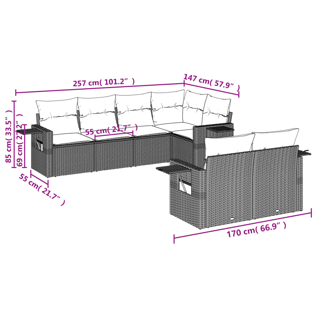 7-dijelni set vrtnih sofa od poliratana s jastucima bež 85 x 62 x 69 cm