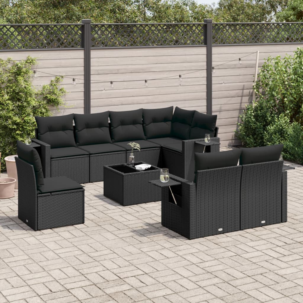 9-dijelni set vrtnih sofa s jastucima crni od poliratana Crna 85 x 62 x 69 cm