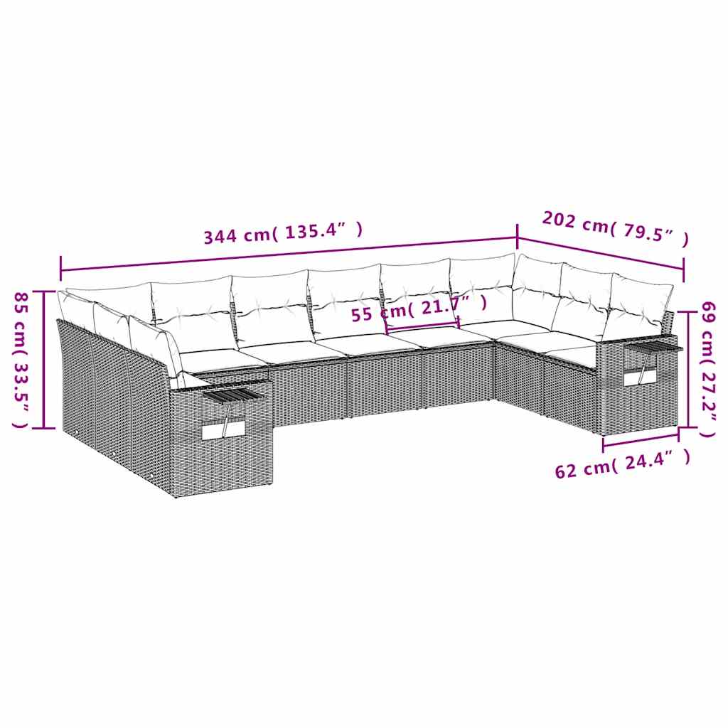 10-dijelni set vrtnih sofa s jastucima crni od poliratana Crna 85 x 62 x 69 cm