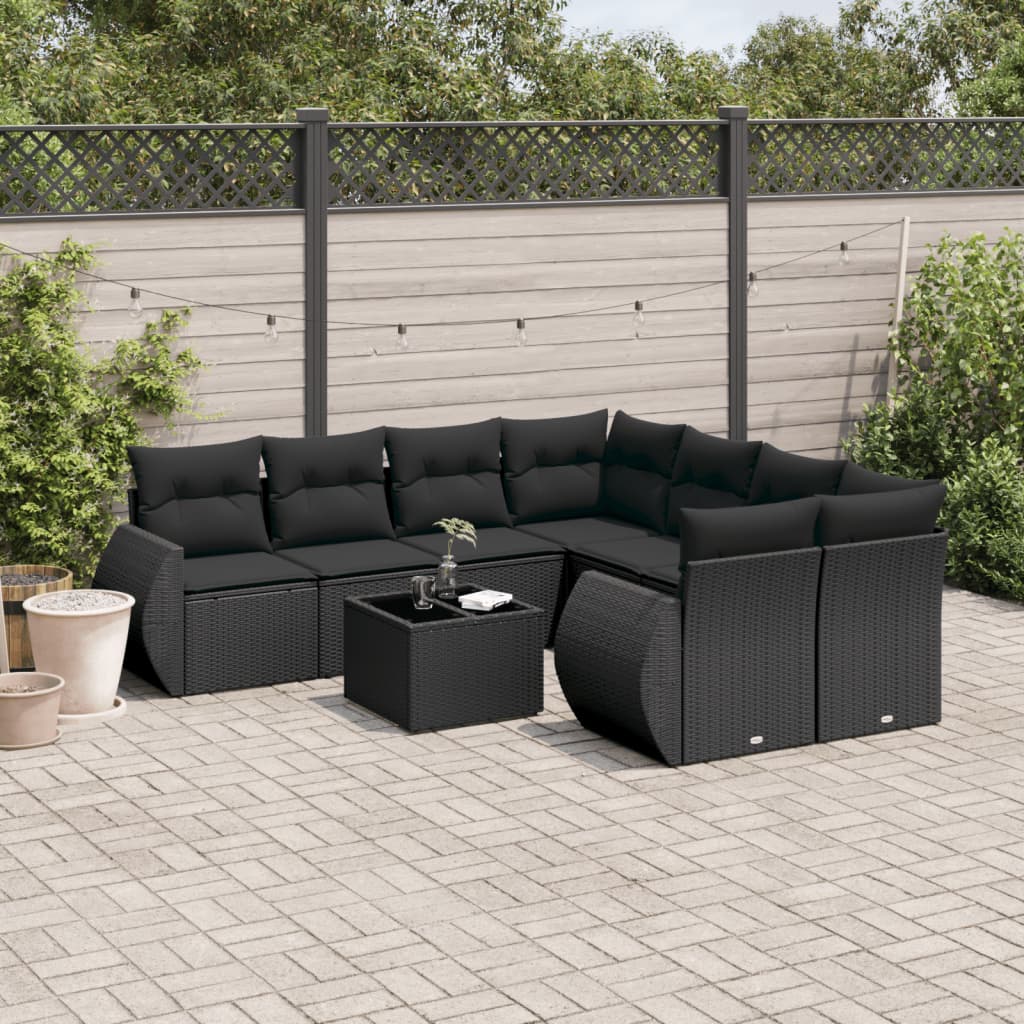9-dijelni set vrtnih sofa s jastucima crni od poliratana