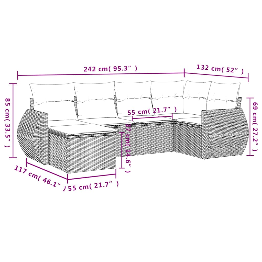 6-dijelni set vrtnih sofa s jastucima crni od poliratana