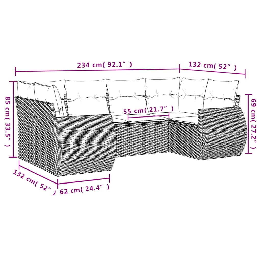 6-dijelni set vrtnih sofa s jastucima crni od poliratana Crna 71 x 62 x 69 cm
