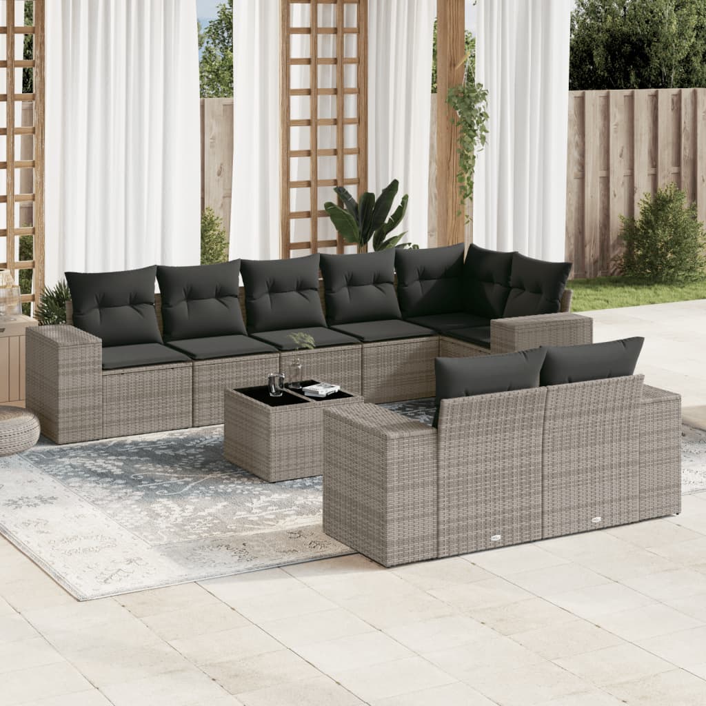9-dijelni set vrtnih sofa od poliratana s jastucima sivi