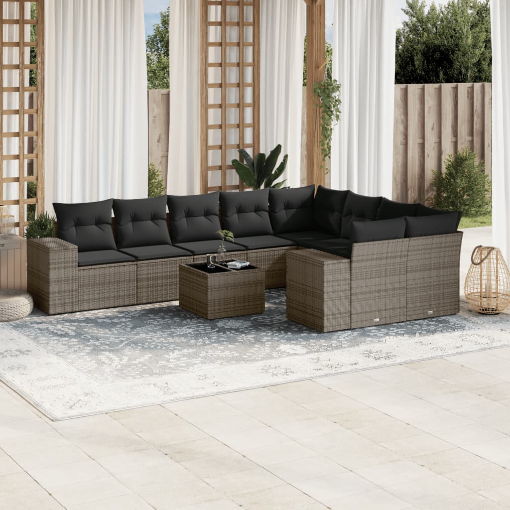 10-dijelni set vrtnih sofa od poliratana s jastucima sivi