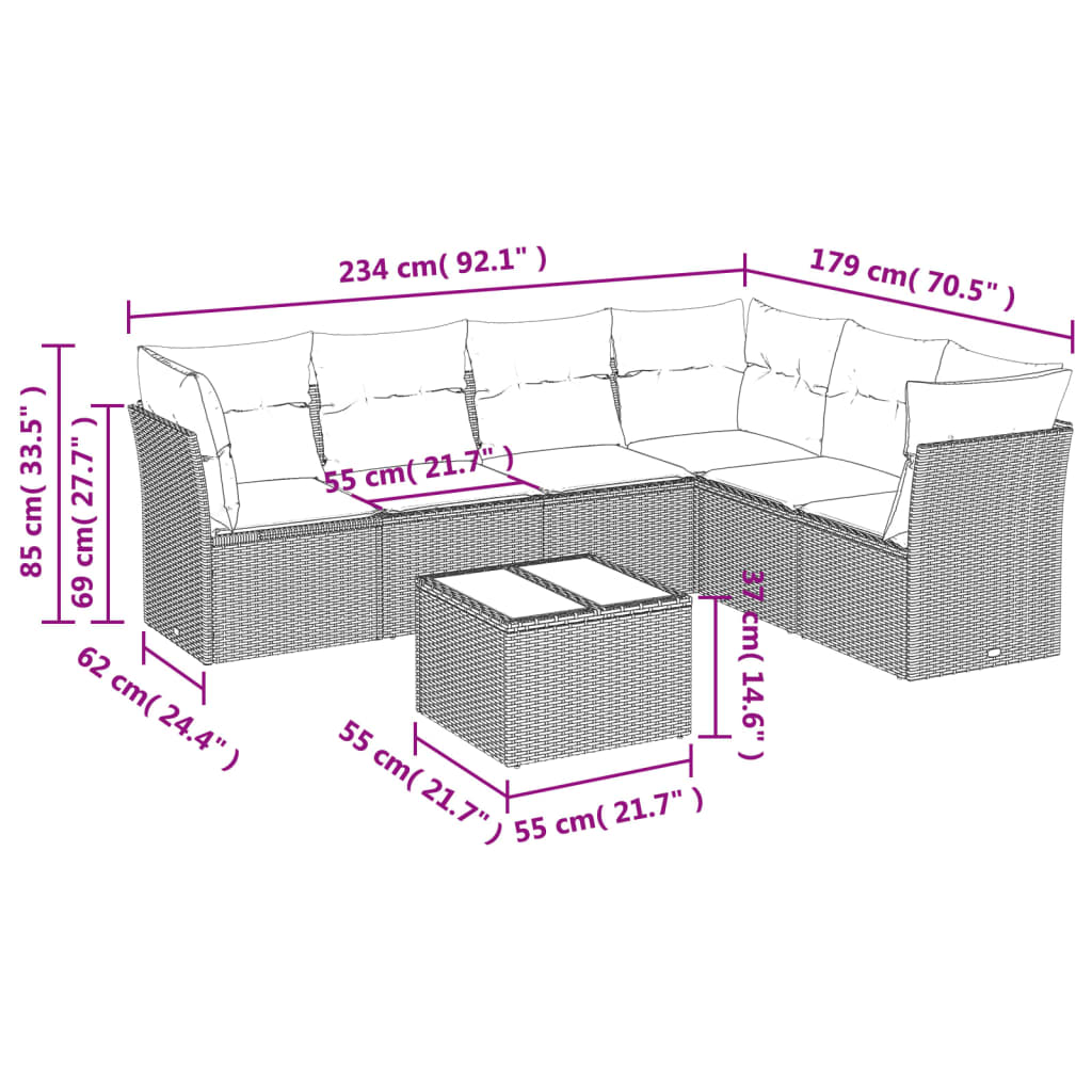 7-dijelni set vrtnih sofa od poliratana s jastucima crni