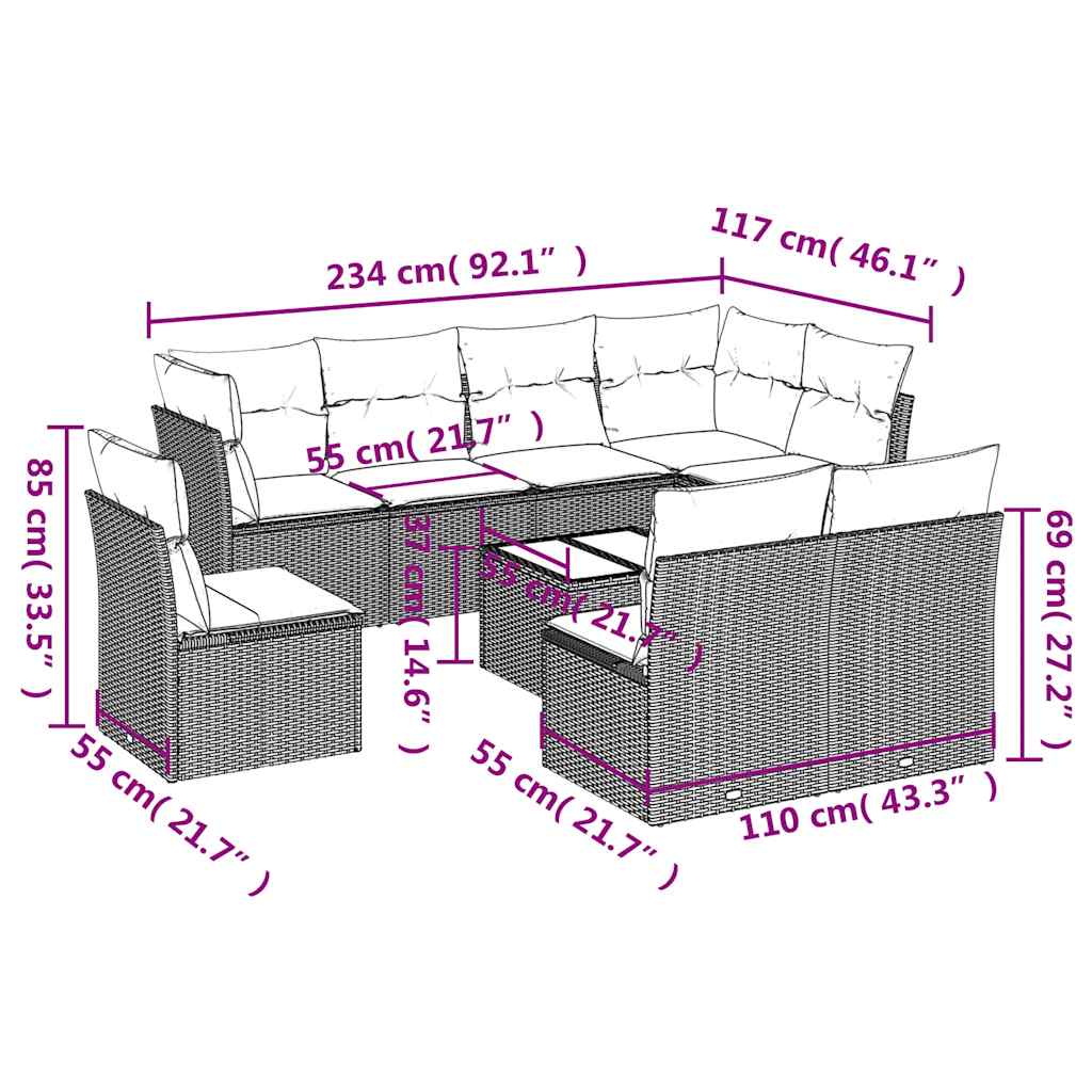 9-dijelni set vrtnih sofa s jastucima crni od poliratana