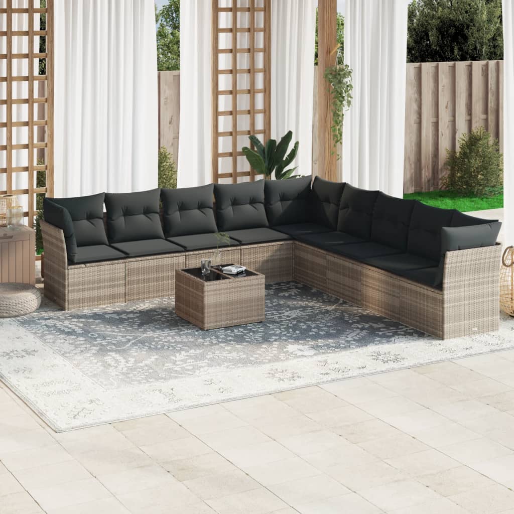 10-dijelni set vrtnih sofa poliratan s jastucima svijetlosivi