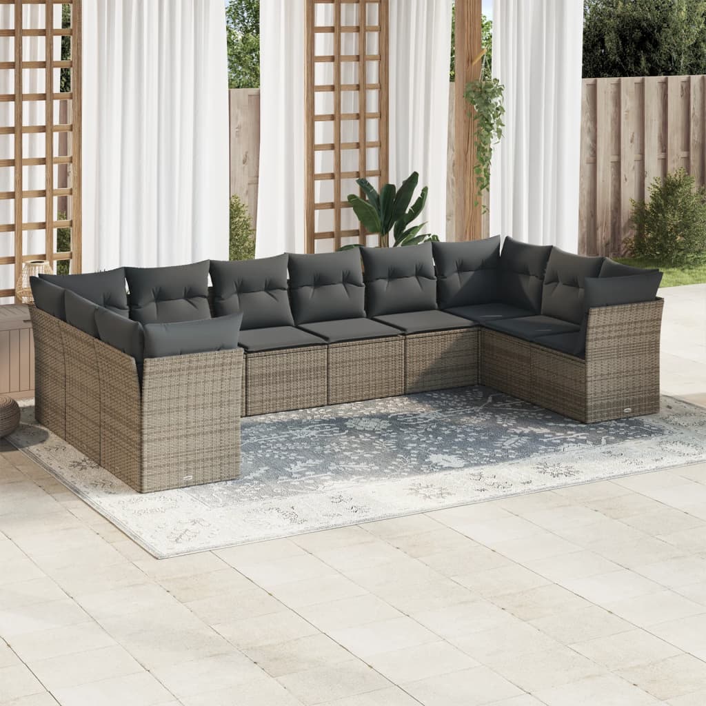10-dijelni set vrtnih sofa od poliratana s jastucima sivi