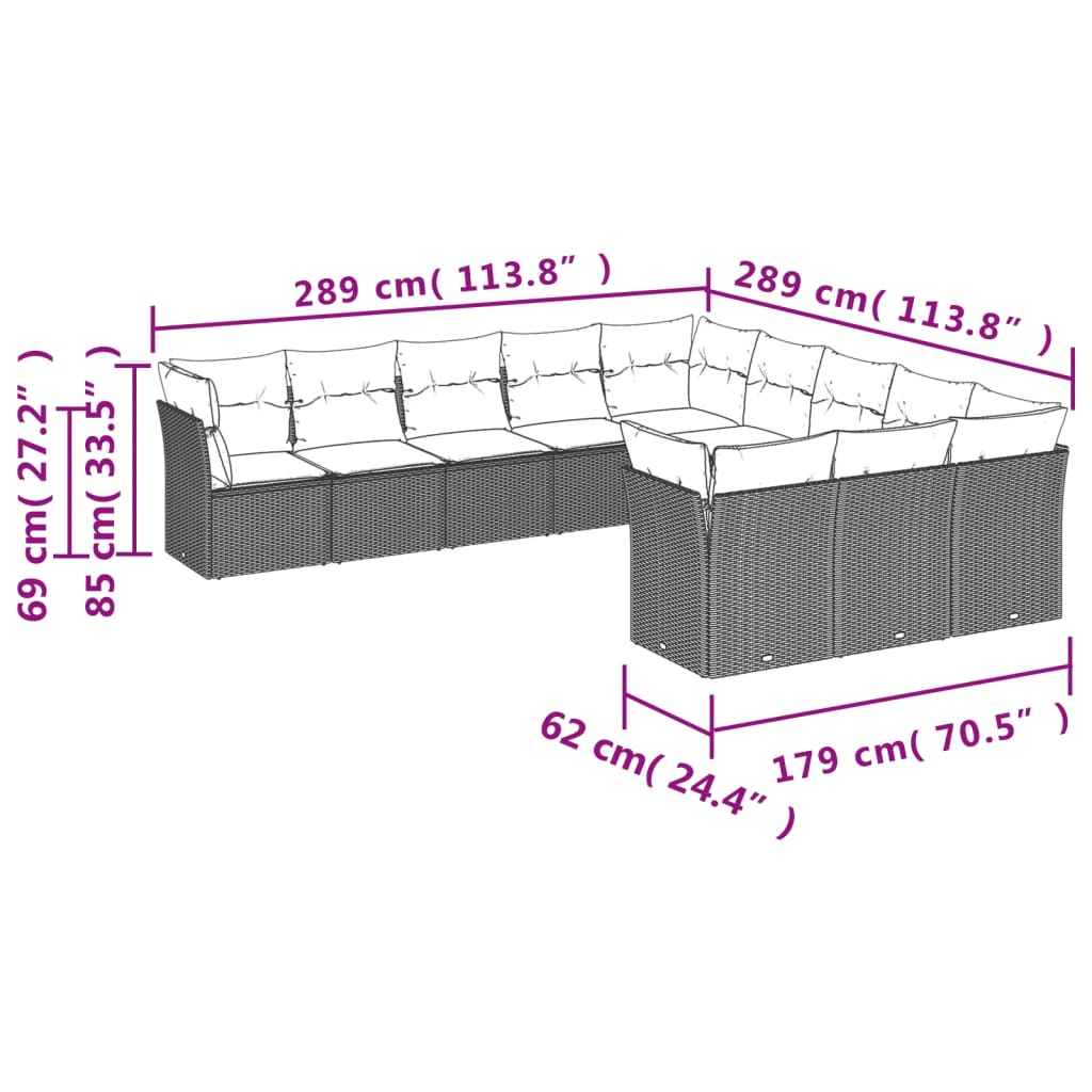 11-dijelni set vrtnih sofa poliratan s jastucima svijetlosivi