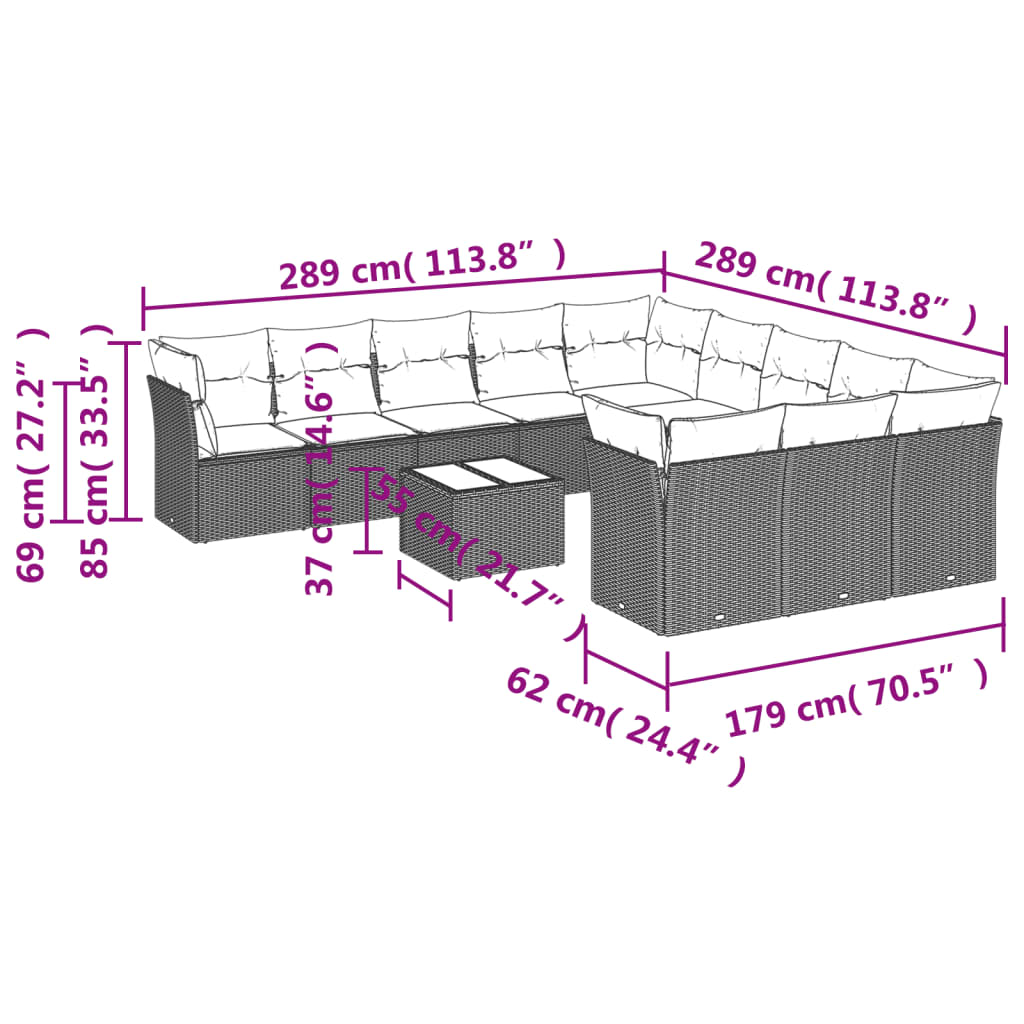12-dijelni set vrtnih sofa od poliratana s jastucima crni