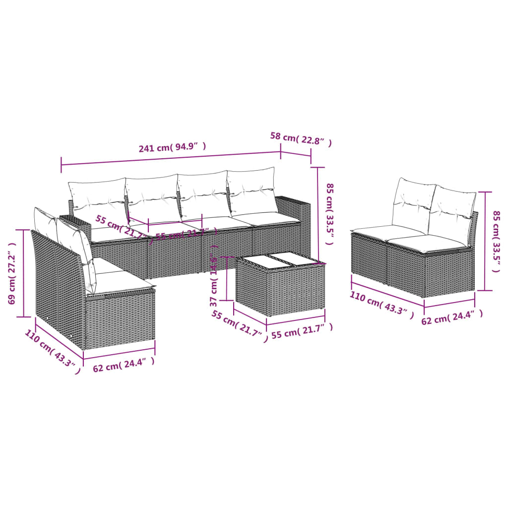 9-dijelni set vrtnih sofa od poliratana s jastucima sivi