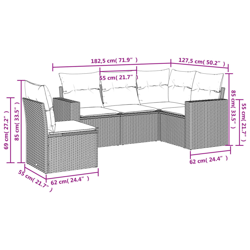 5-dijelni vrtni set sofa s jastucima bež od poliratana