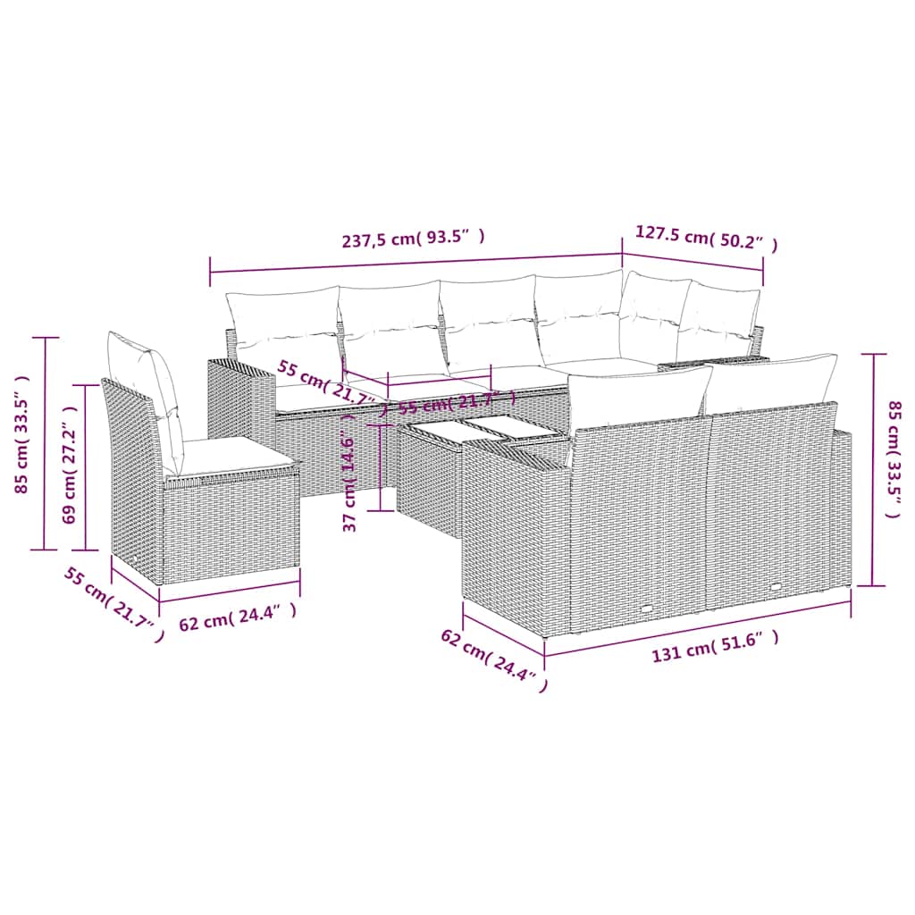 9-dijelni set vrtnih sofa s jastucima crni od poliratana