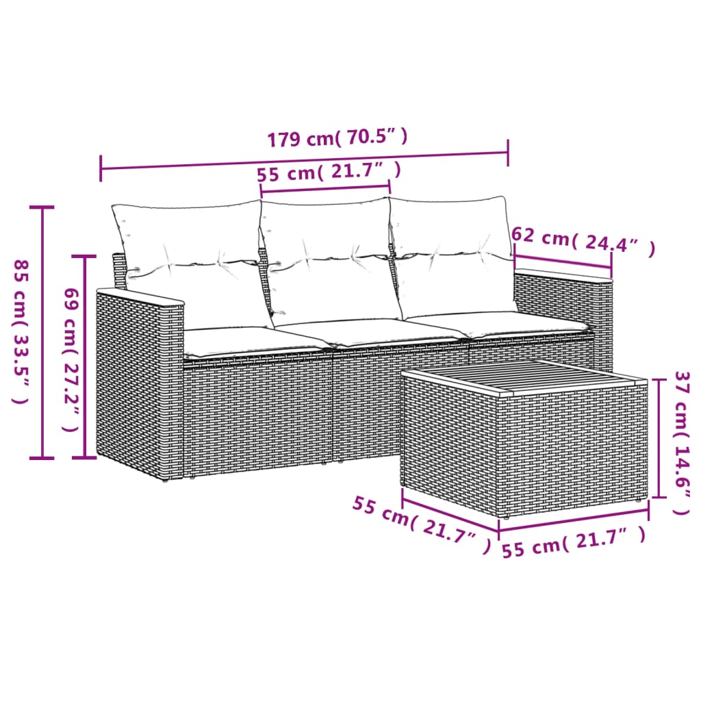 4-dijelni set vrtnih sofa od poliratana s jastucima sivi