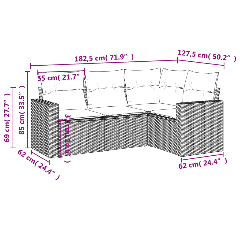 4-dijelni set vrtnih sofa od poliratana s jastucima sivi