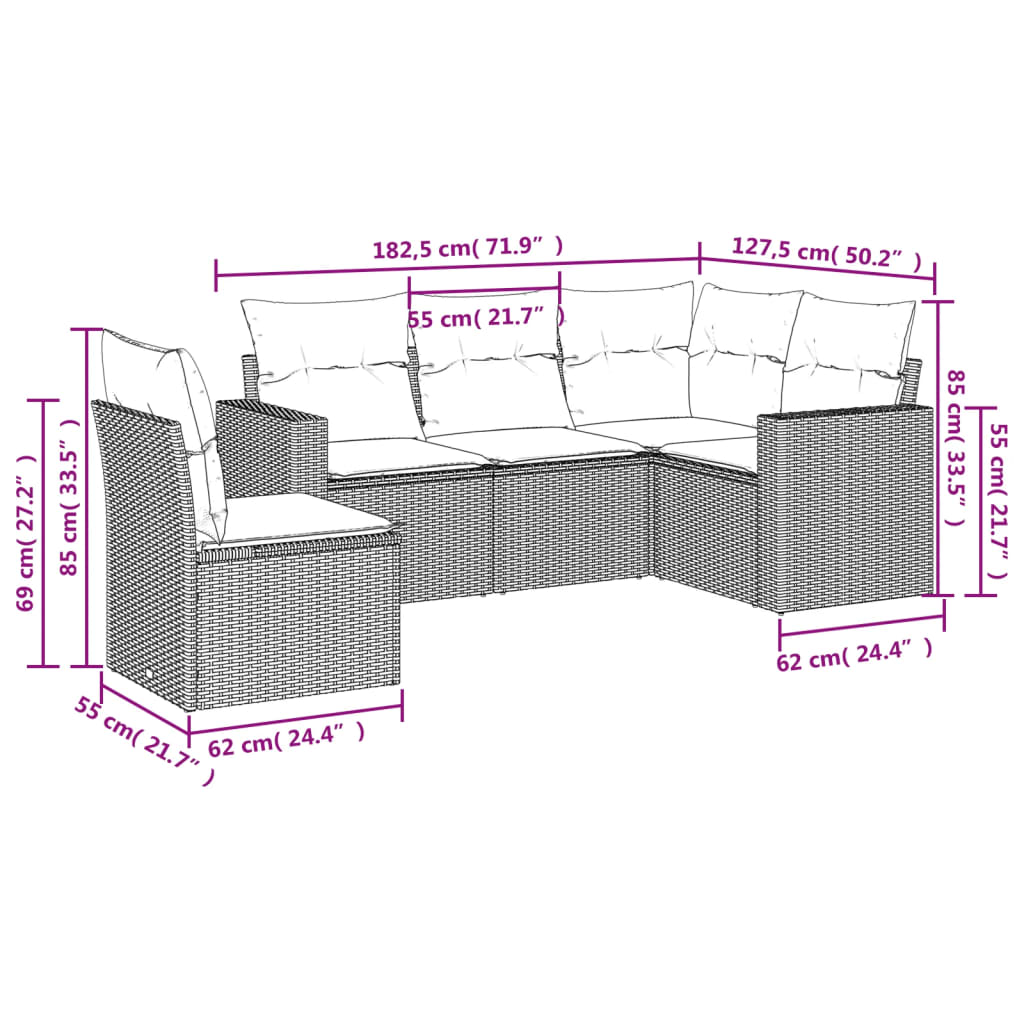 5-dijelni vrtni set sofa s jastucima bež od poliratana
