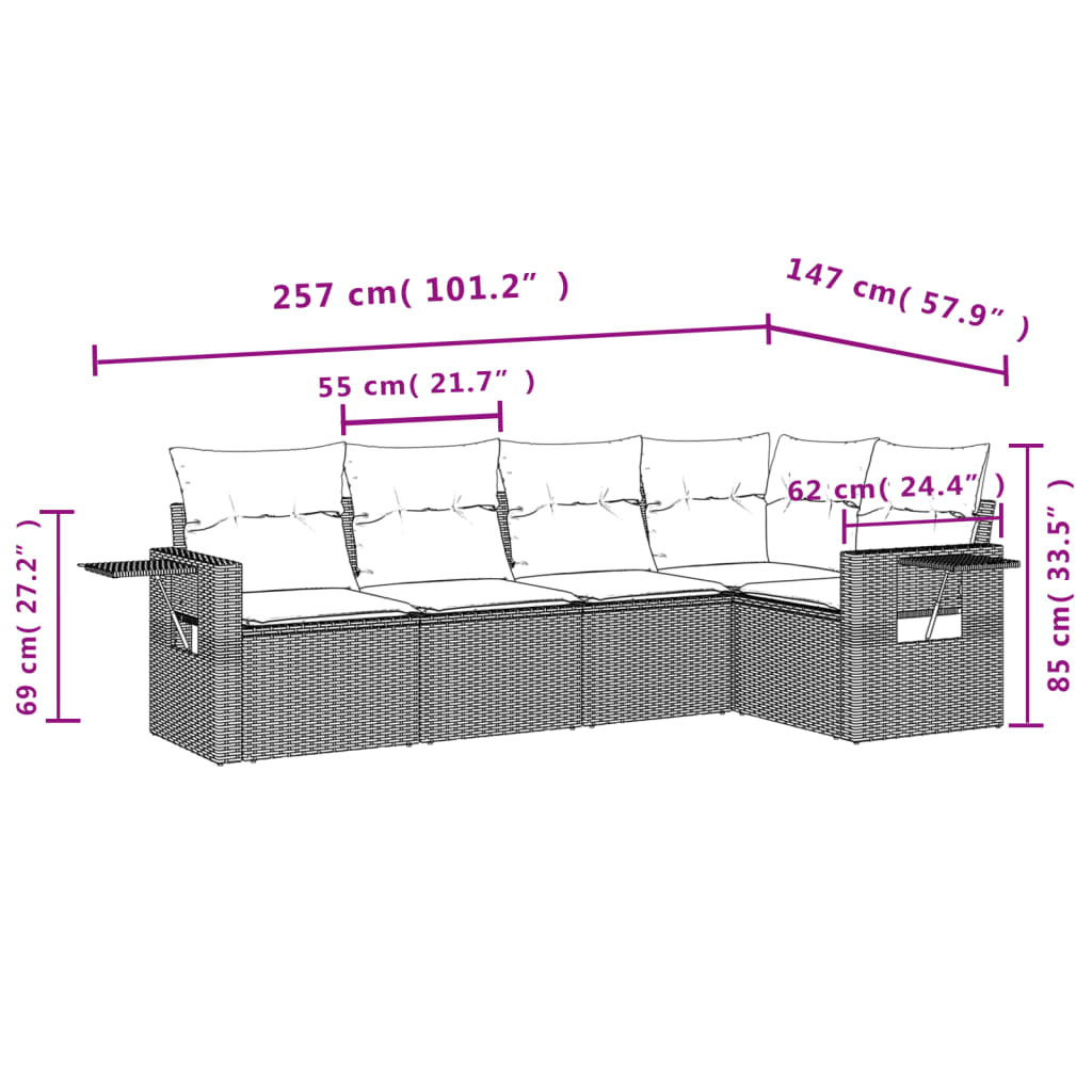 5-dijelni vrtni set sofa s jastucima bež od poliratana