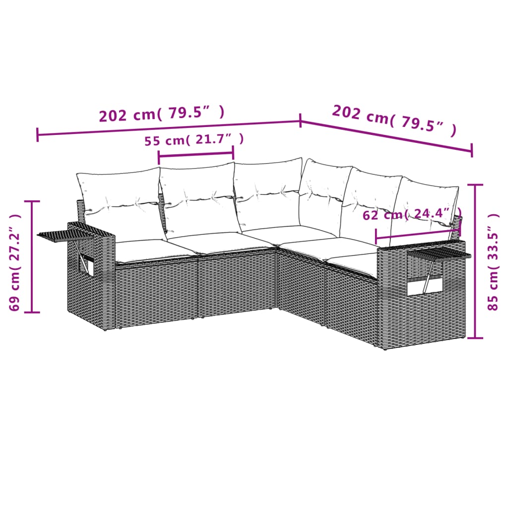 5-dijelni vrtni set sofa s jastucima bež od poliratana