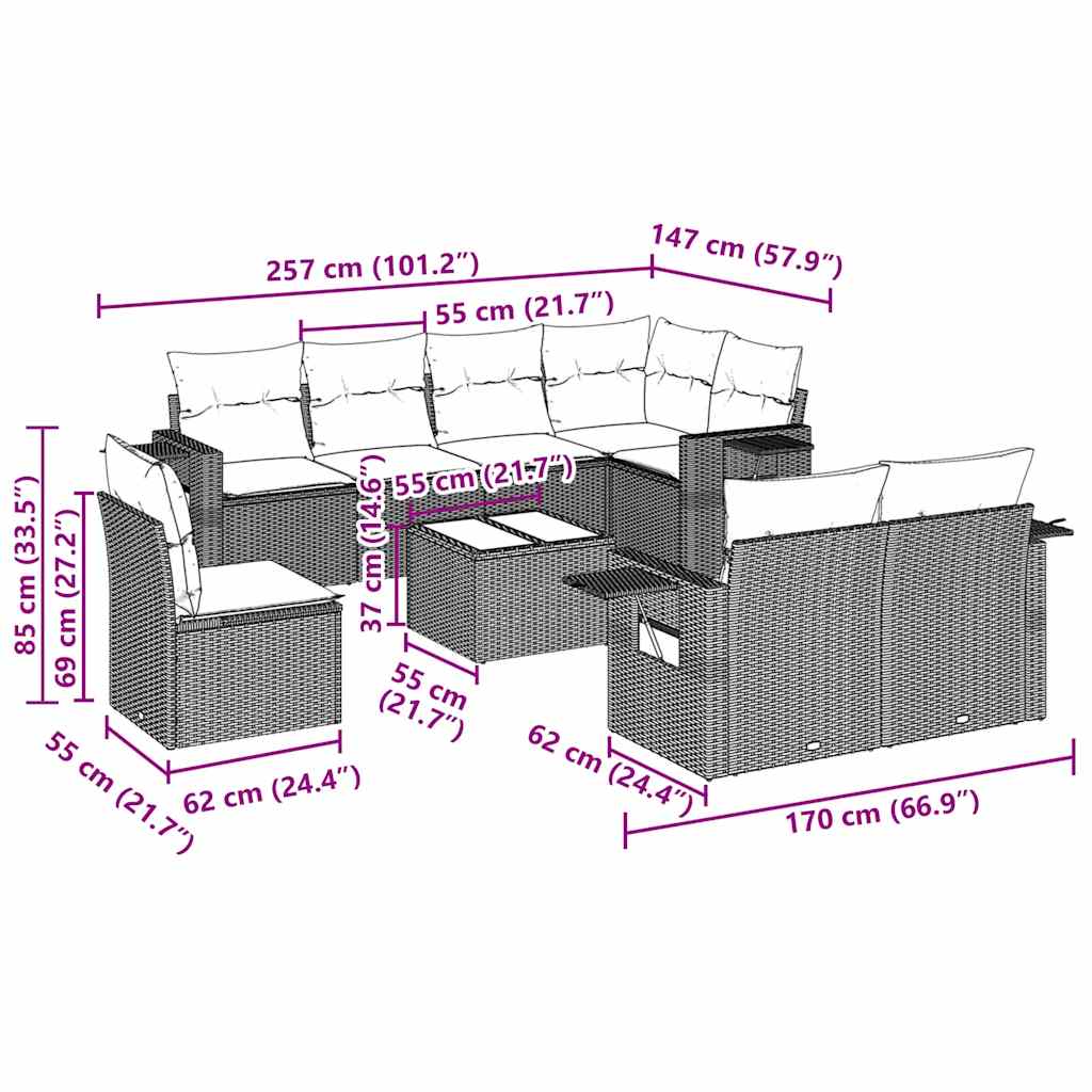9-dijelni set vrtnih sofa s jastucima crni od poliratana