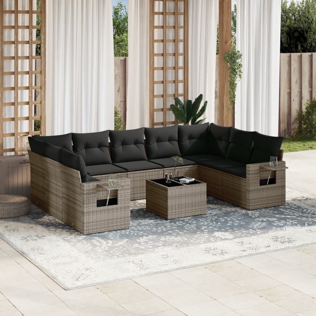 10-dijelni set vrtnih sofa od poliratana s jastucima sivi