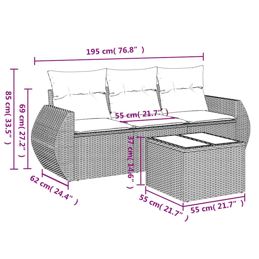 4-dijelni set vrtnih sofa od poliratana s jastucima crni