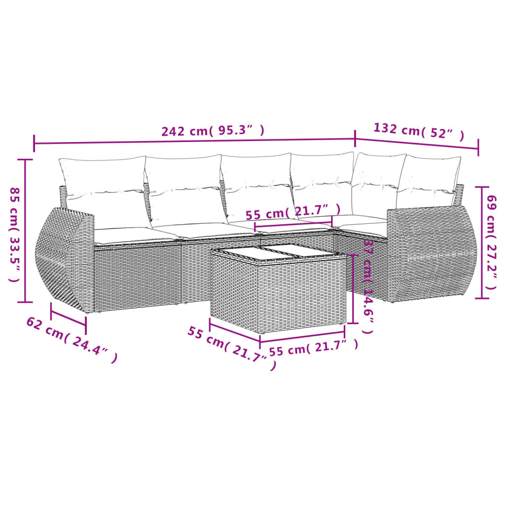 6-dijelni set vrtnih sofa s jastucima crni od poliratana