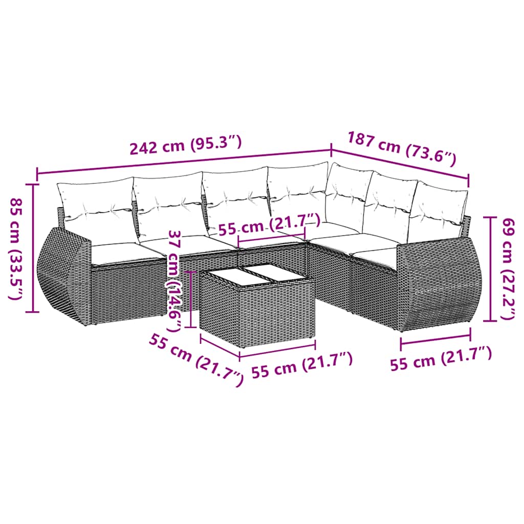 7-dijelni set vrtnih sofa od poliratana s jastucima crni