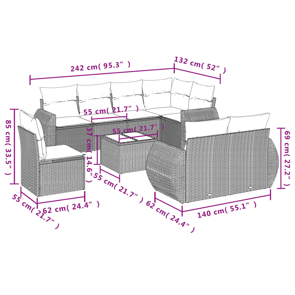 9-dijelni set vrtnih sofa s jastucima crni od poliratana