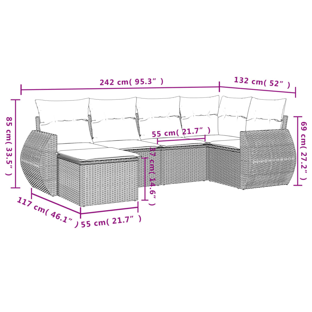 6-dijelni set vrtnih sofa s jastucima crni od poliratana
