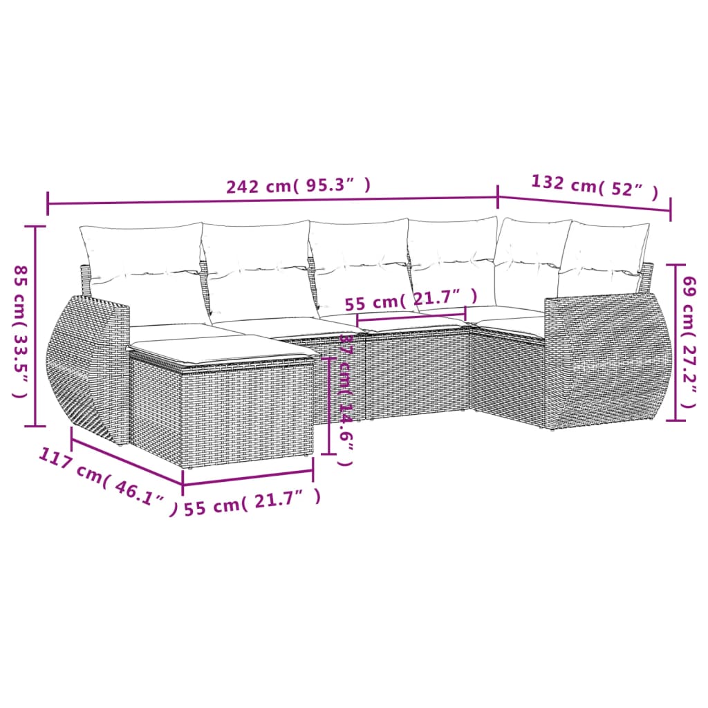 6-dijelni set vrtnih sofa od poliratana s jastucima sivi