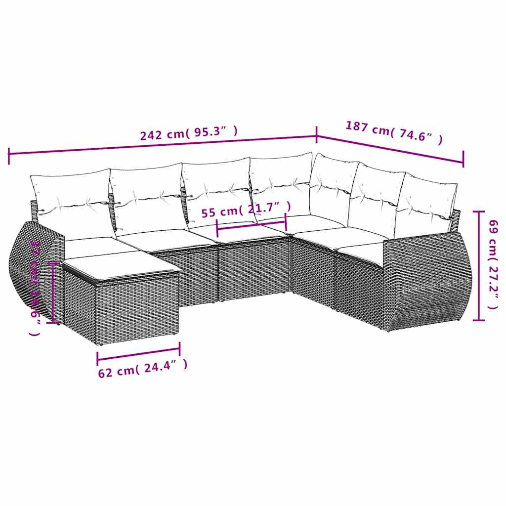 7-dijelni set vrtnih sofa od poliratana s jastucima crni