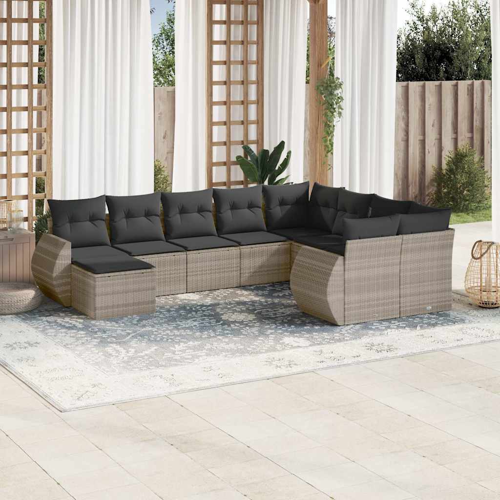10-dijelni set vrtnih sofa poliratan s jastucima svijetlosivi