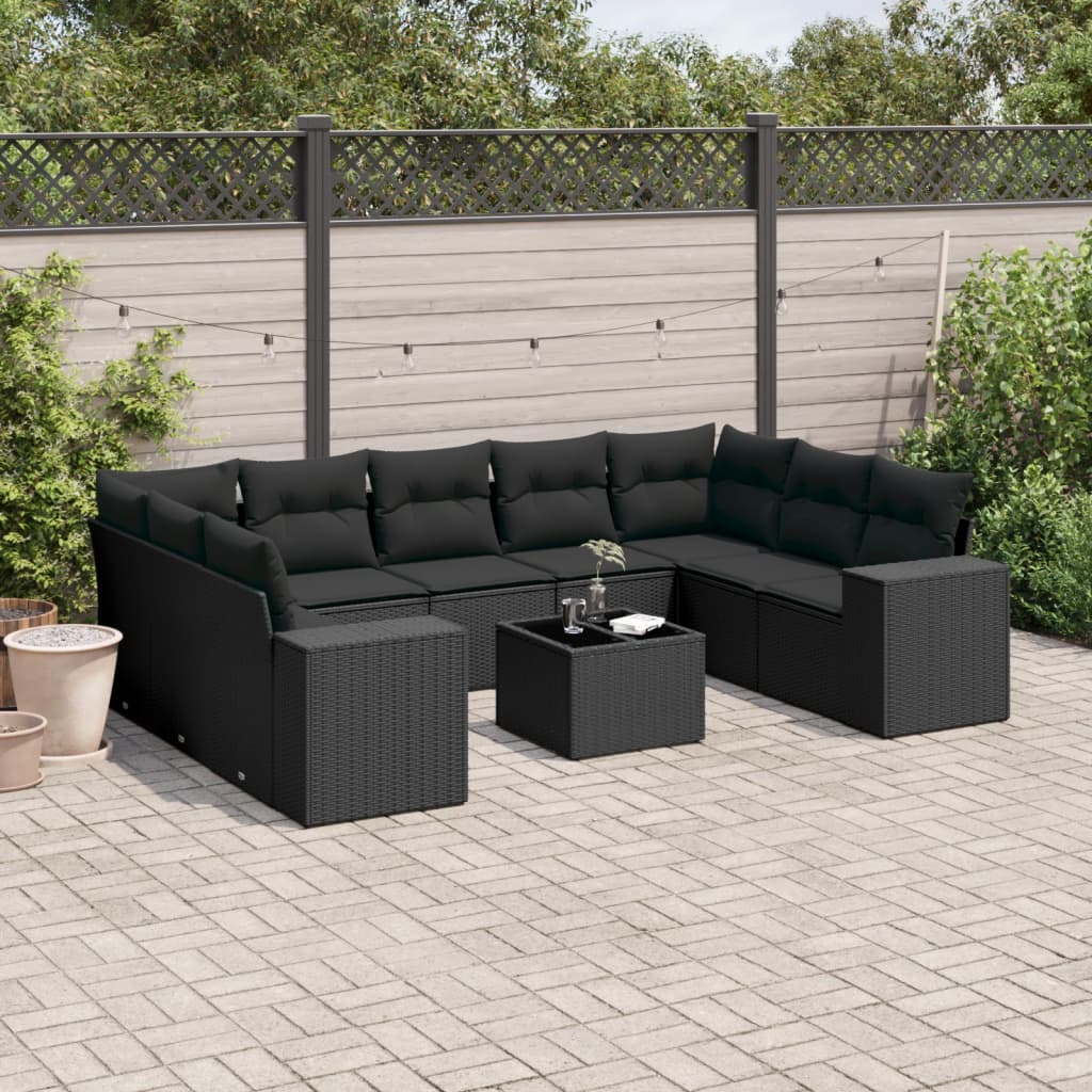 10-dijelni set vrtnih sofa s jastucima crni od poliratana Crna 83 x 62 x 69 cm