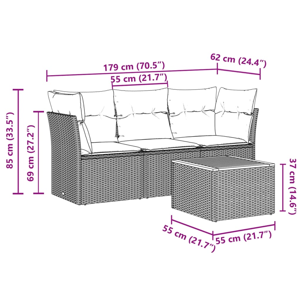 4-dijelni set vrtnih sofa od poliratana s jastucima sivi