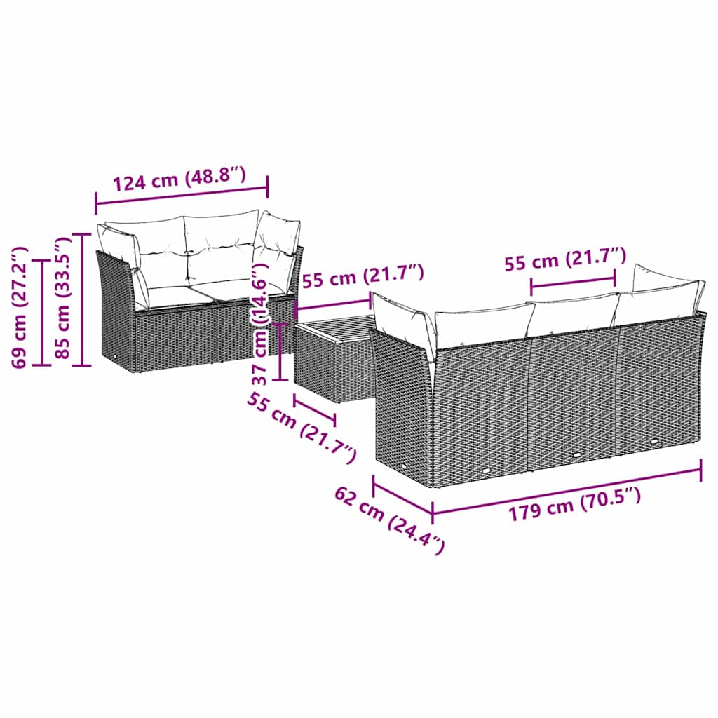 6-dijelni set vrtnih sofa s jastucima crni od poliratana Crna 62 x 62 x 69 cm