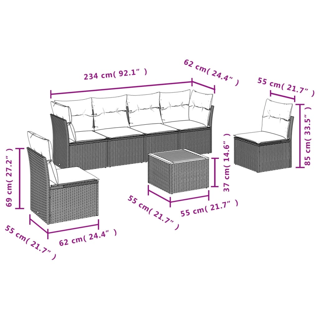 7-dijelni set vrtnih sofa od poliratana s jastucima crni Crna 62 x 62 x 69 cm
