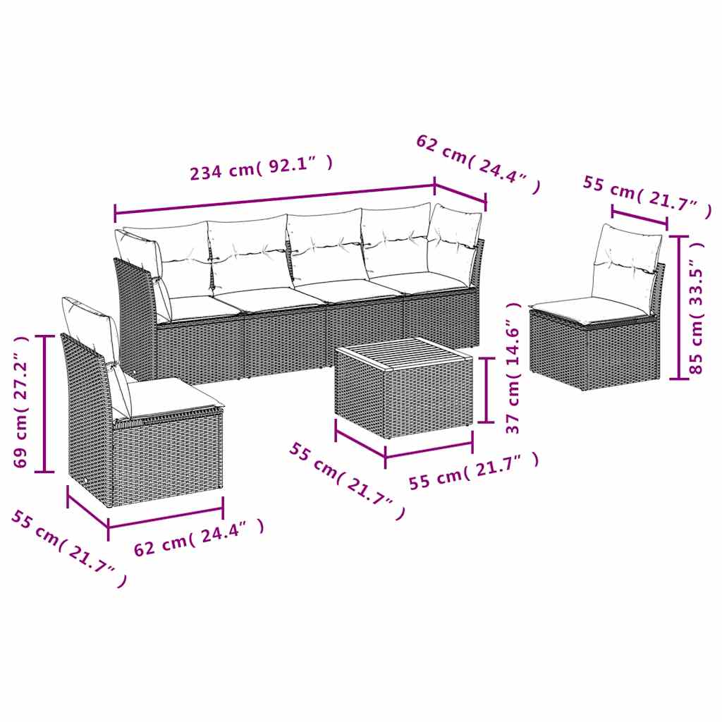 7-dijelni set vrtnih sofa od poliratana s jastucima sivi