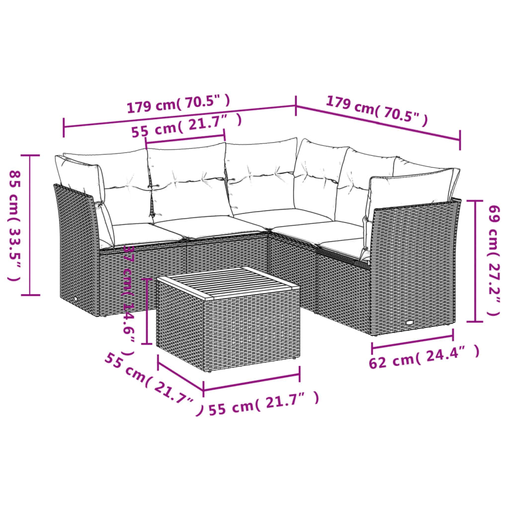 6-dijelni set vrtnih sofa od poliratana s jastucima sivi