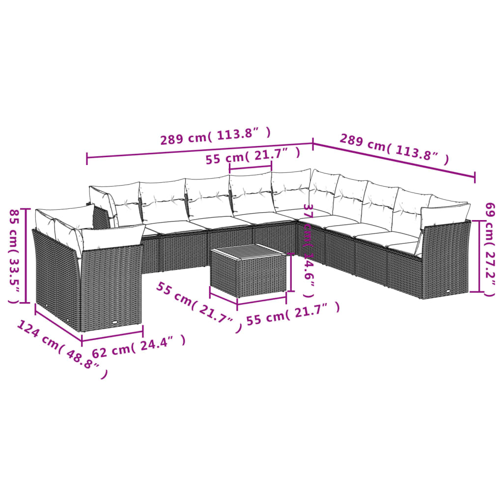 12-dijelni set vrtnih sofa s jastucima poliratan crni