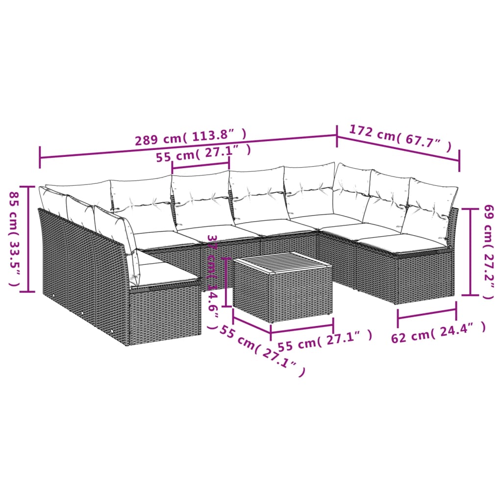 10-dijelni set vrtnih sofa s jastucima crni od poliratana